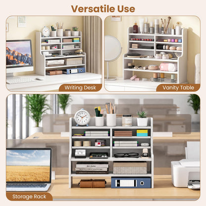 Goflame Desk Organizer | Wooden 6 Tier Storage Rack with 2 Removable Shelves