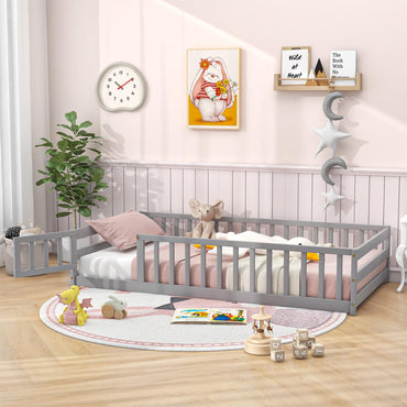 Goflame Twin Floor Bed with Door & Fence, Kids Wood Montessori Bed with Safety Guardrails