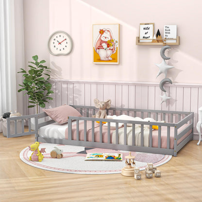 Goflame Twin Floor Bed with Door & Fence, Kids Wood Montessori Bed with Safety Guardrails
