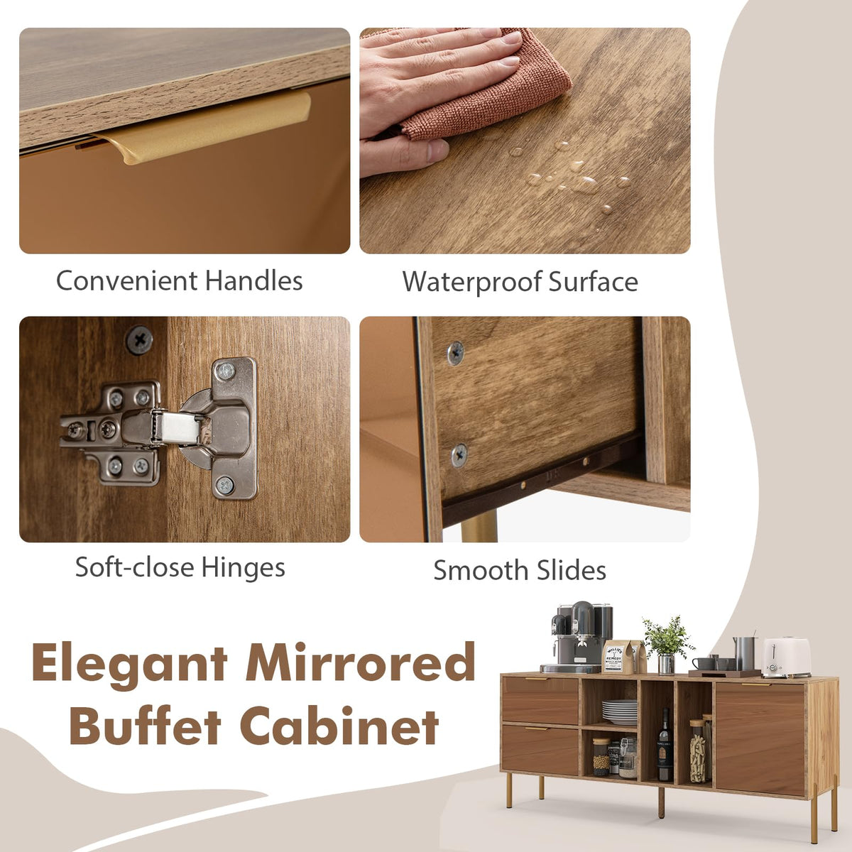Goflame Mirrored Buffet Cabinet, Wooden Kitchen Sideboard Storage Cabinet w/2 Drawers & 1 Door Accent Cabinet
