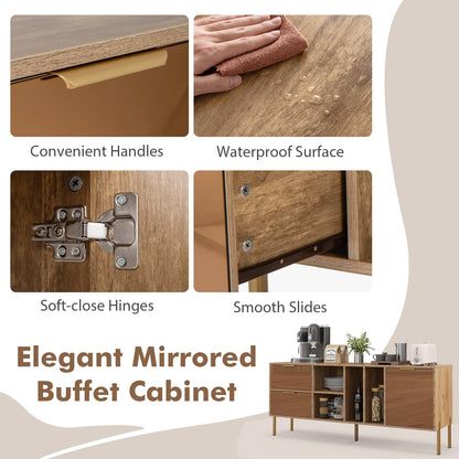 Goflame Mirrored Buffet Cabinet, Wooden Kitchen Sideboard Storage Cabinet w/2 Drawers & 1 Door Accent Cabinet