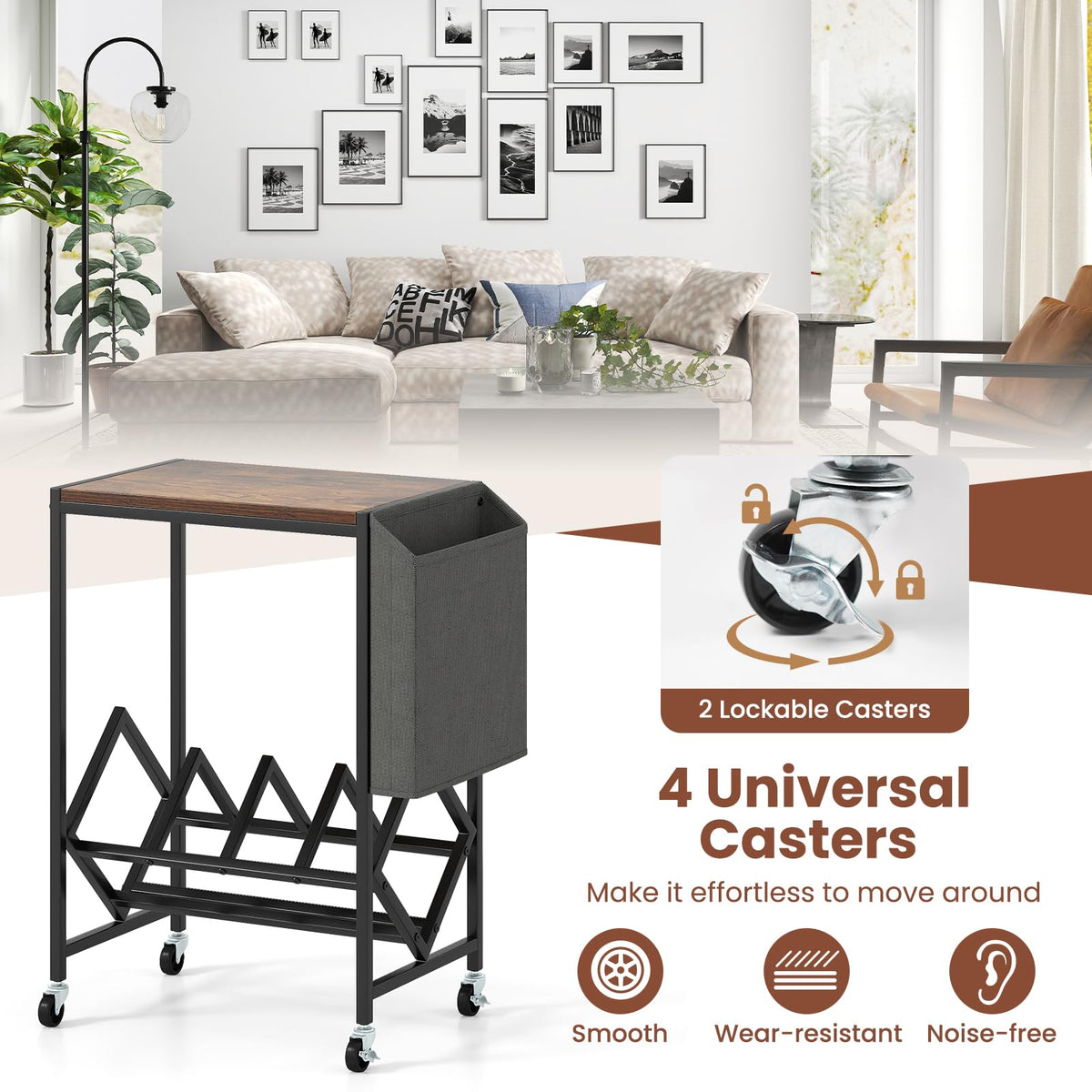 Goflame Rolling Record Player Stand 2-Tier with Vinyl Storage and Magazine Holder Bag