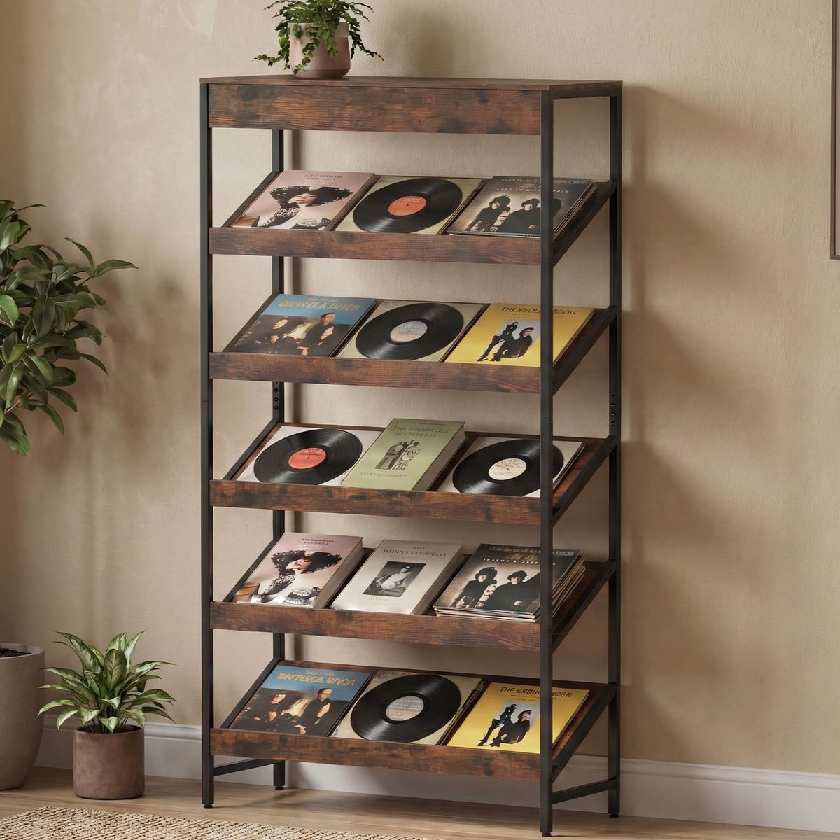 Goflame 6-Tier Industrial Tall Bookcase with Angled Shelves and Metal Frame