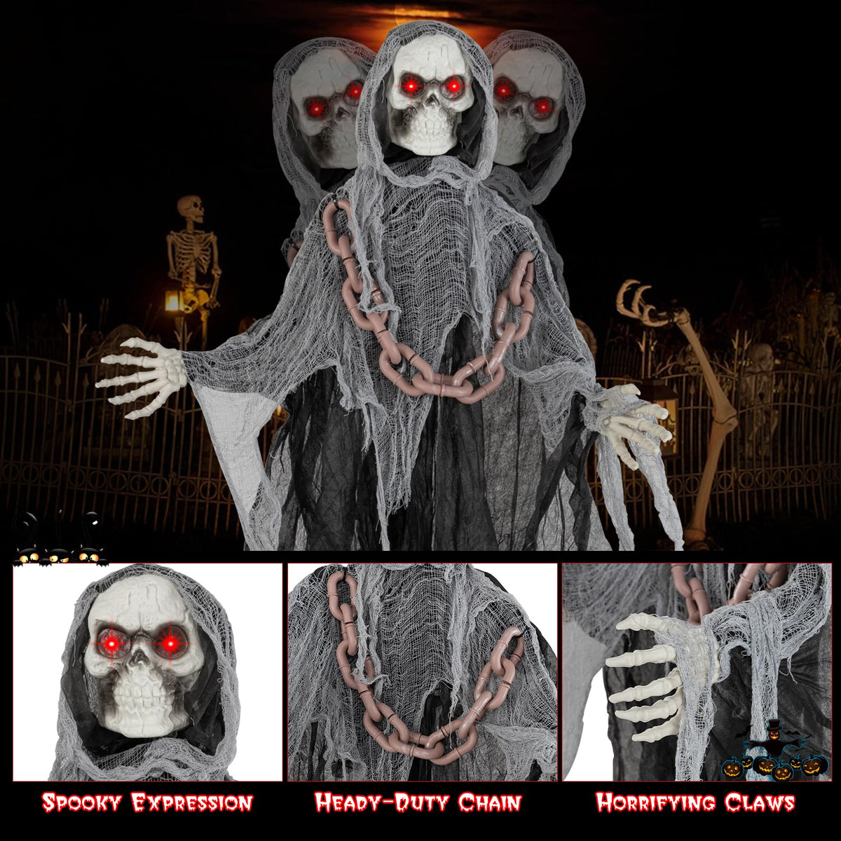 Goflame 6.4 FT Halloween Animatronic Standing Grim Reaper, Halloween Decoration with Chain