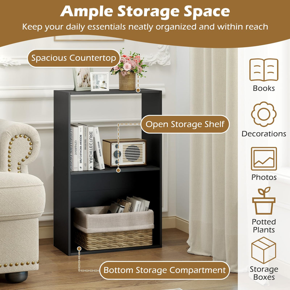 Goflame 3-Tier Bookshelf | 2-Cube Bookcase w/Open Storage Compartment (1/2)