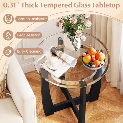 Goflame Round Glass End Table - 24’’ Side Table with Tempered Glass Top