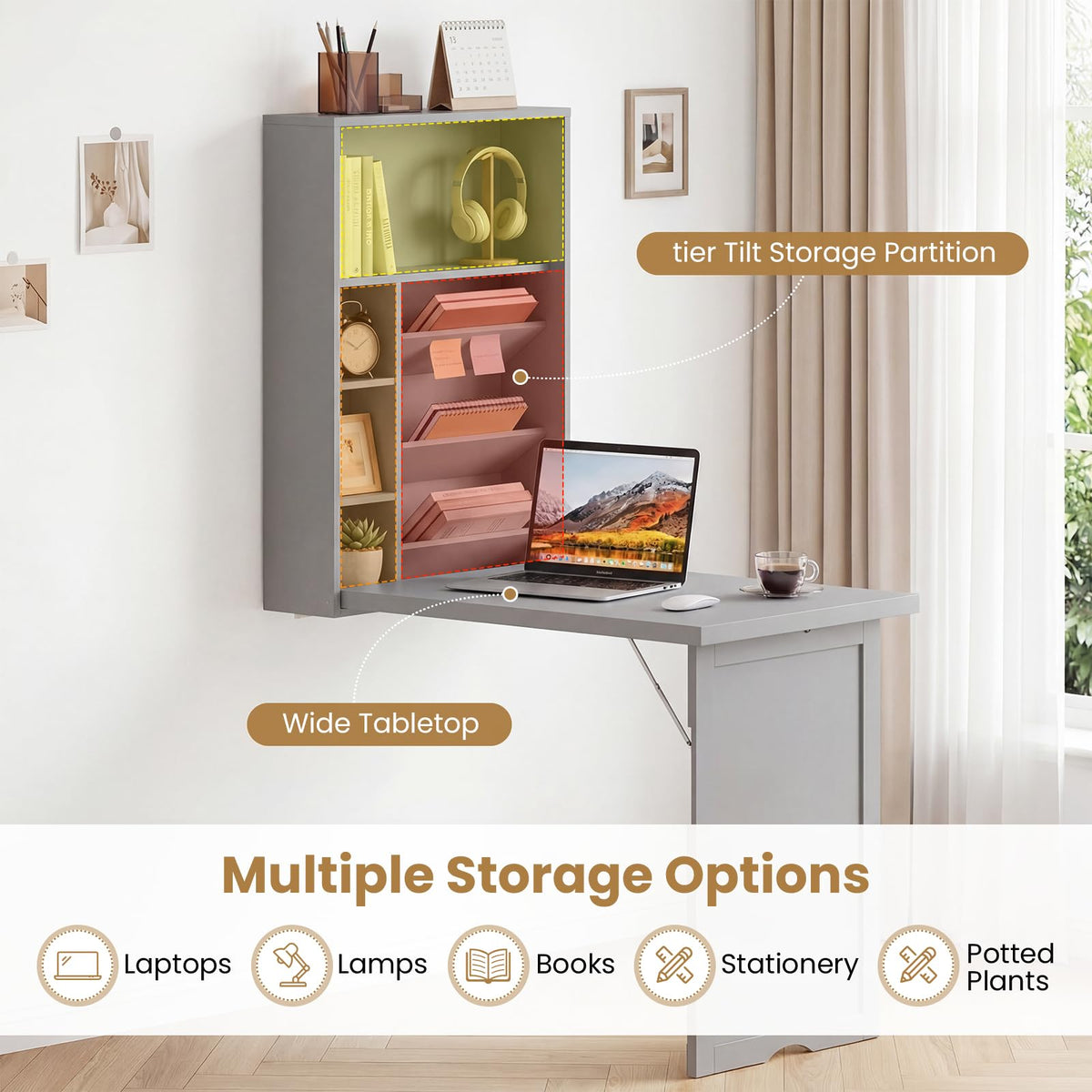 Goflame Wall Mounted Desk | Foldable Convertible Computer Desk with Storage Shelves
