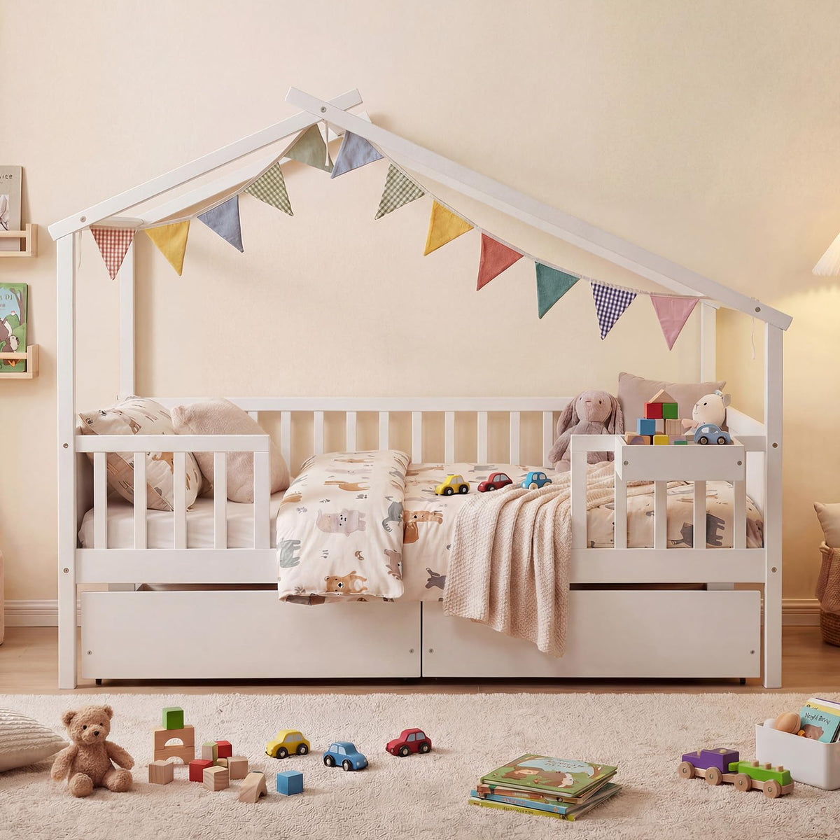 Goflame Full Size House Bed with Roof and Fence Rails for Kid