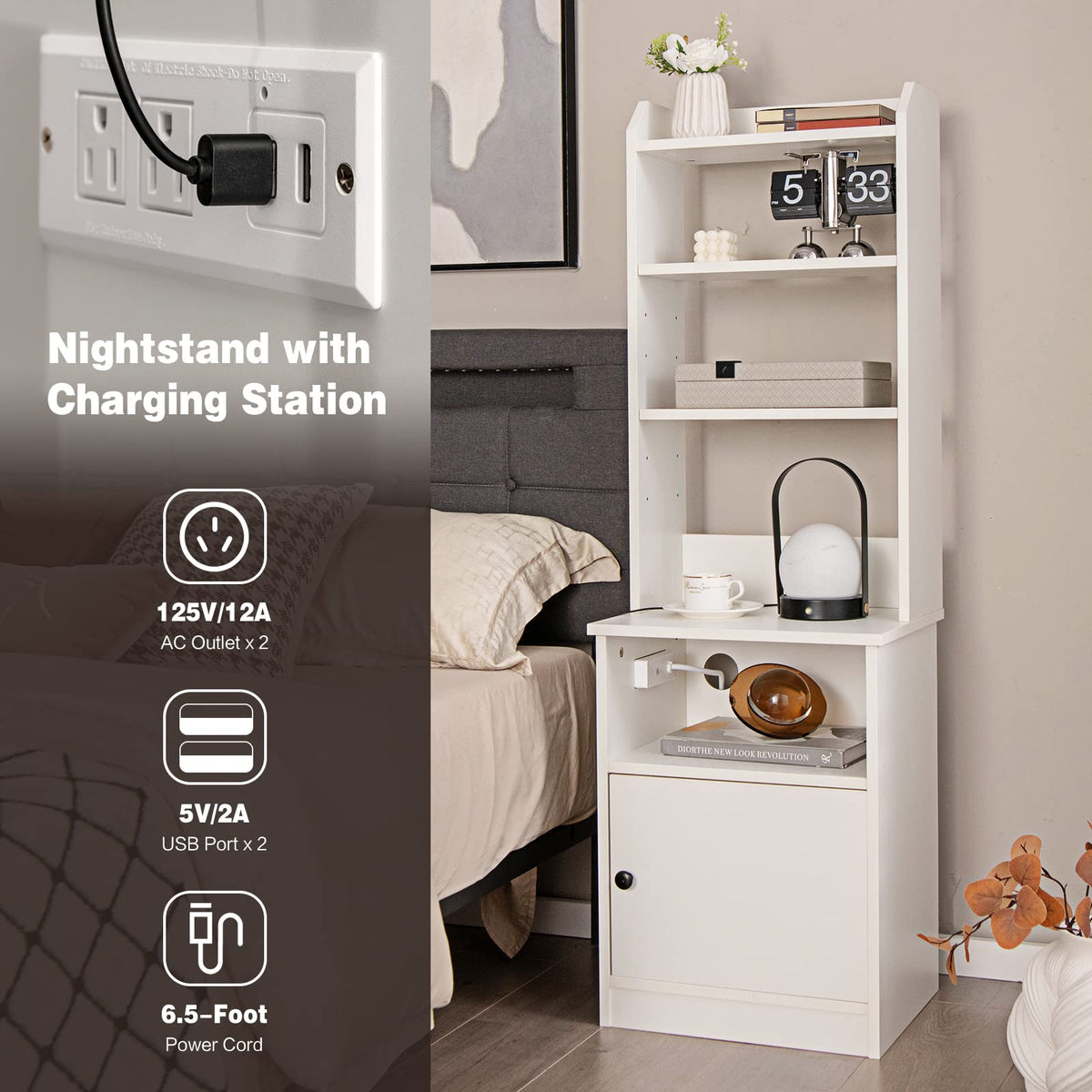 Goflame Nightstand with Charging Station - 55" Tall Bedside Table