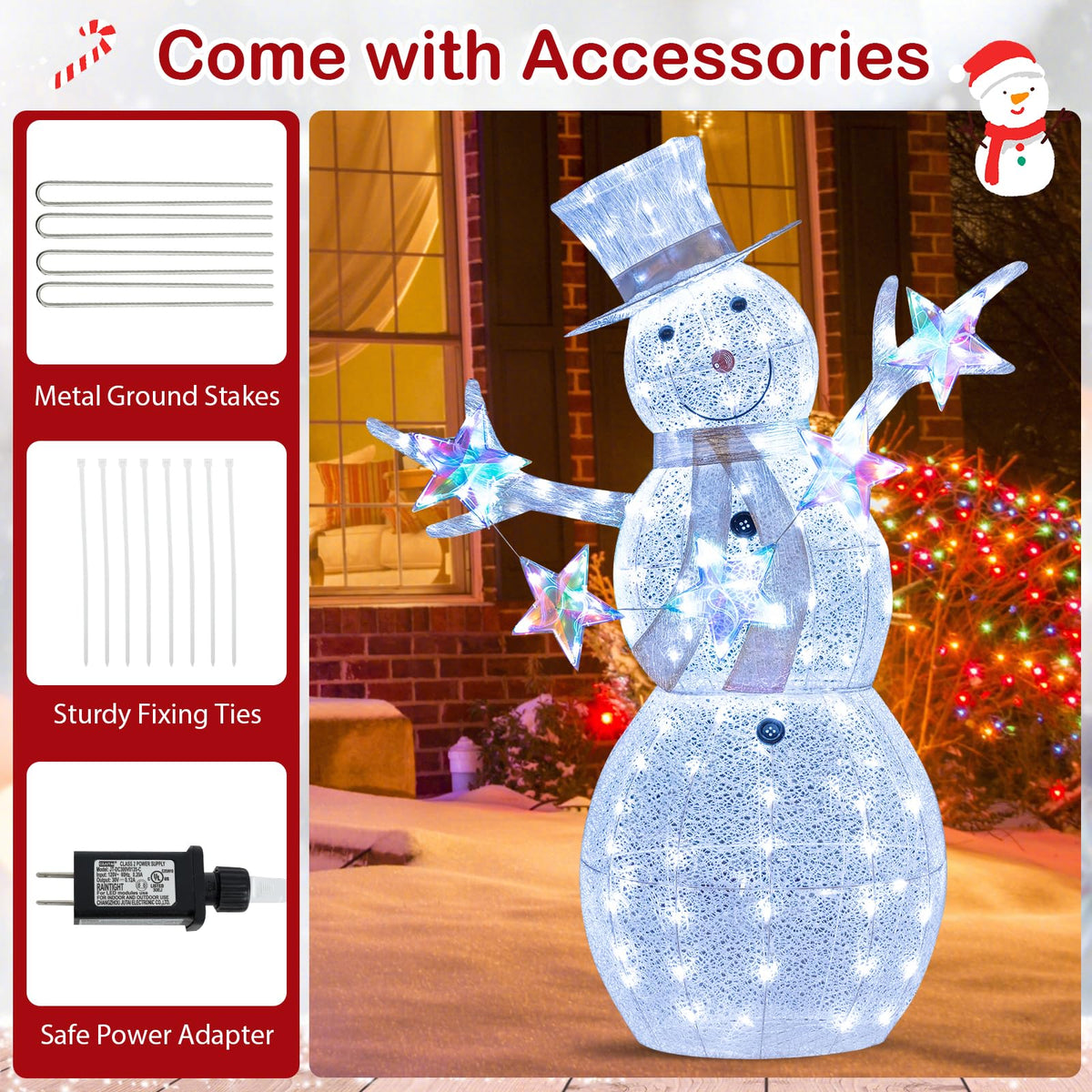 Goflame 5 FT Lighted Snowman Christmas Outdoor Decoration with Hat, Scarf & Stars