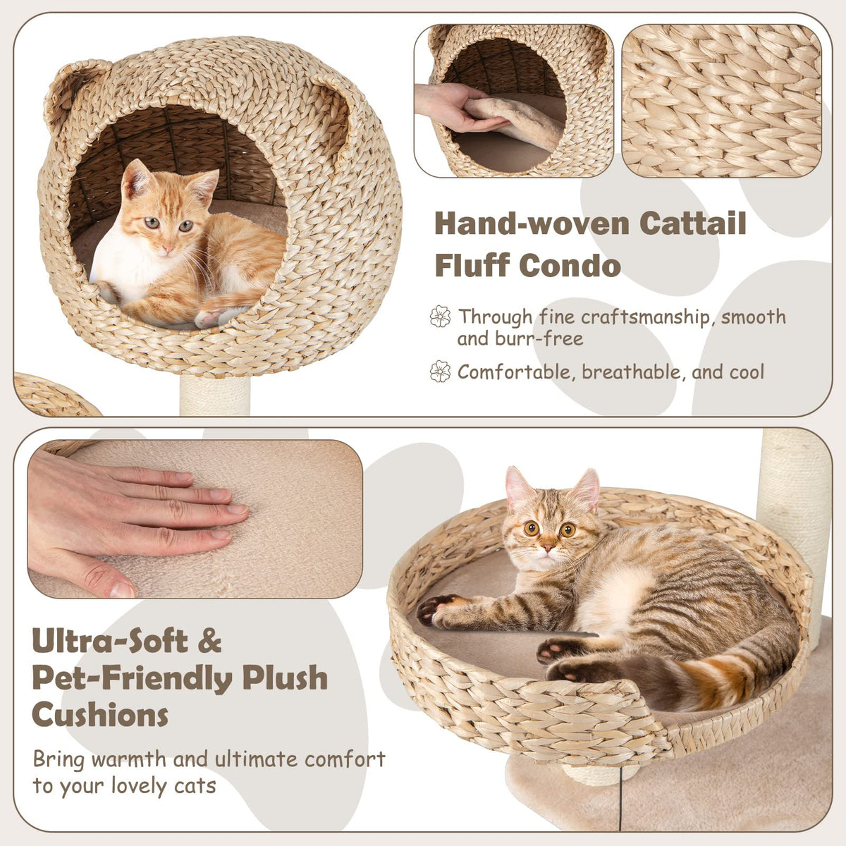 Goflame Wooden Cat Tree, 48 inches Cat Tower with Cattail Condo, Cat Bed, Hammock, Rotatable Jingling Balls