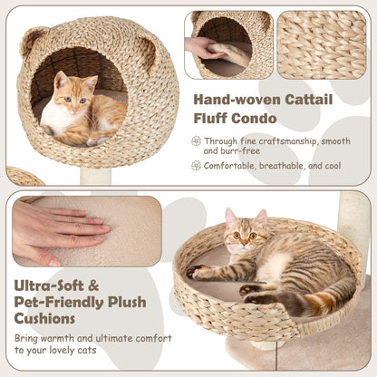 Goflame Wooden Cat Tree, 48 inches Cat Tower with Cattail Condo, Cat Bed, Hammock, Rotatable Jingling Balls