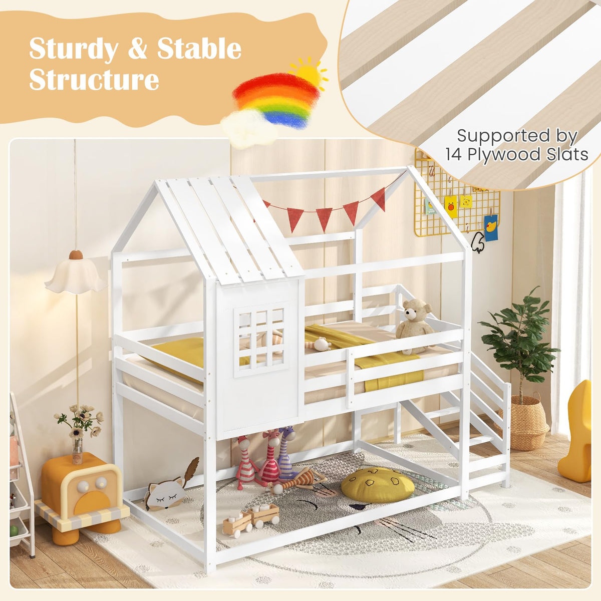Goflame Twin Bunk Beds with Stairs, Floor House Bed with Roof & Window