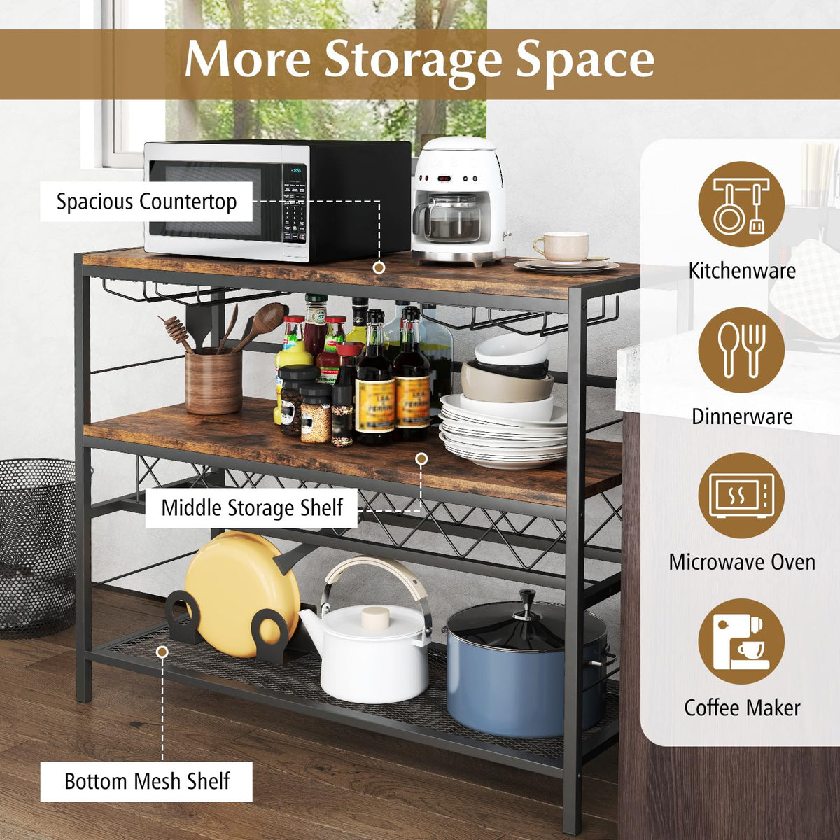 Goflame 4-Tier Wine Rack Table - 7-Bottle Wine Bar Cabinet w/ 4 Wine Racks & 16 Glasses Holder