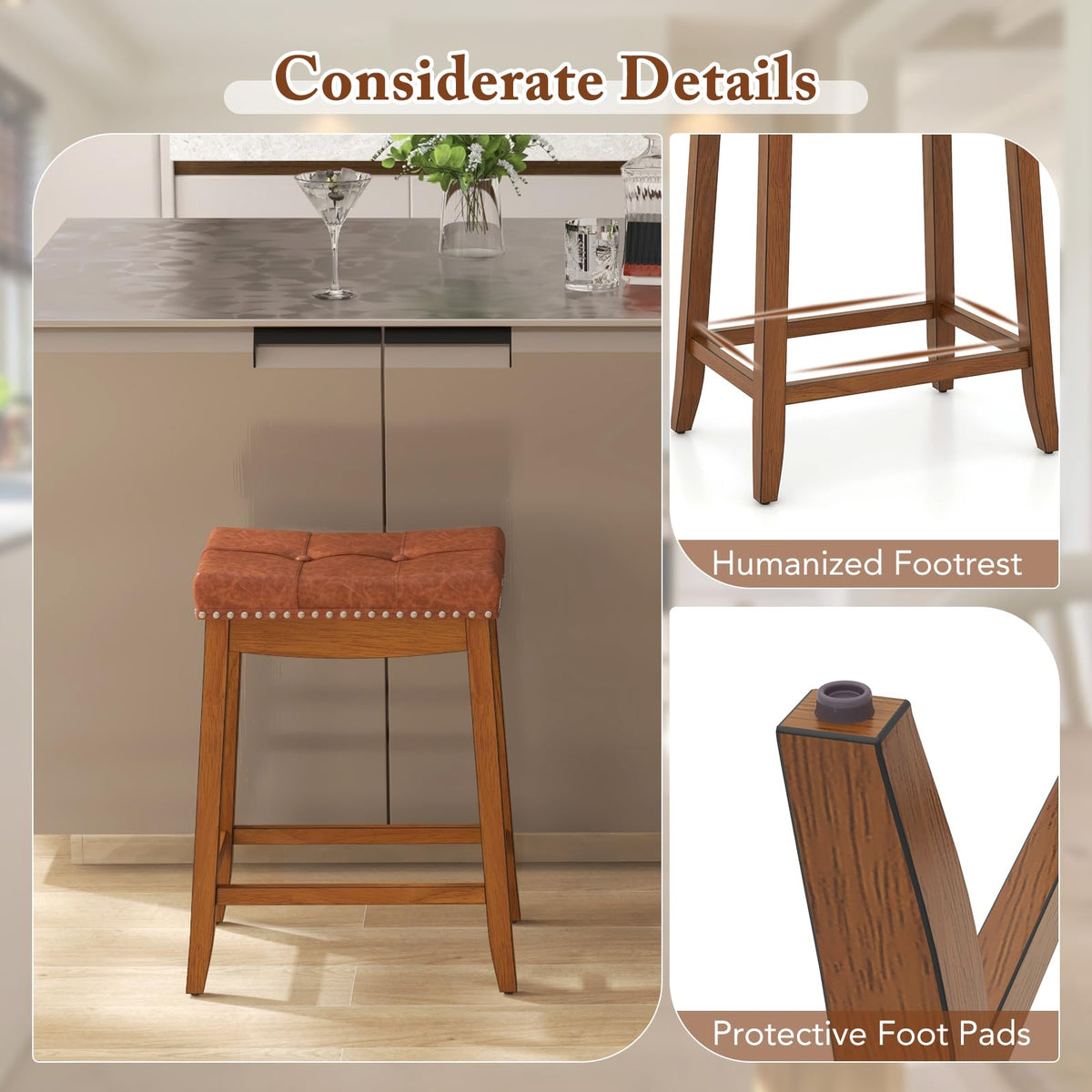 Goflame Bar Stools Set, 25" Counter Height Bar Stools w/Saddle Seat, Footrest, Rivet, Button Tufted, Rubber Wood Frame