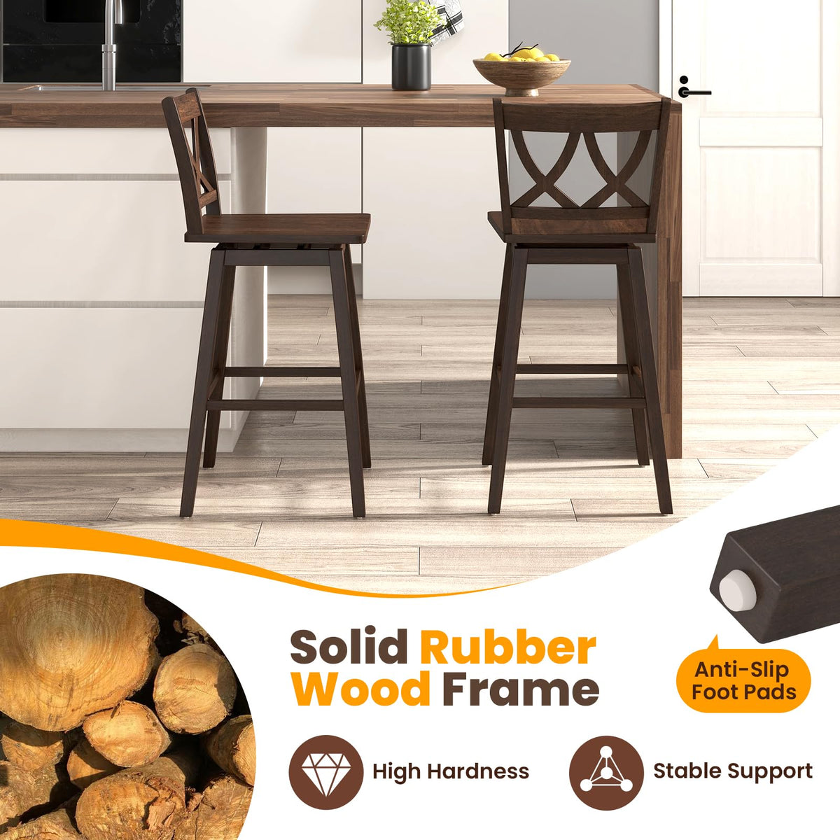 Goflame 29" Bar Stools Set of 2/4, Swivel Wooden Bar Chairs with Rubber Wood Frame, for Kitchen Island, Restaurant & Pub, Dark Grey