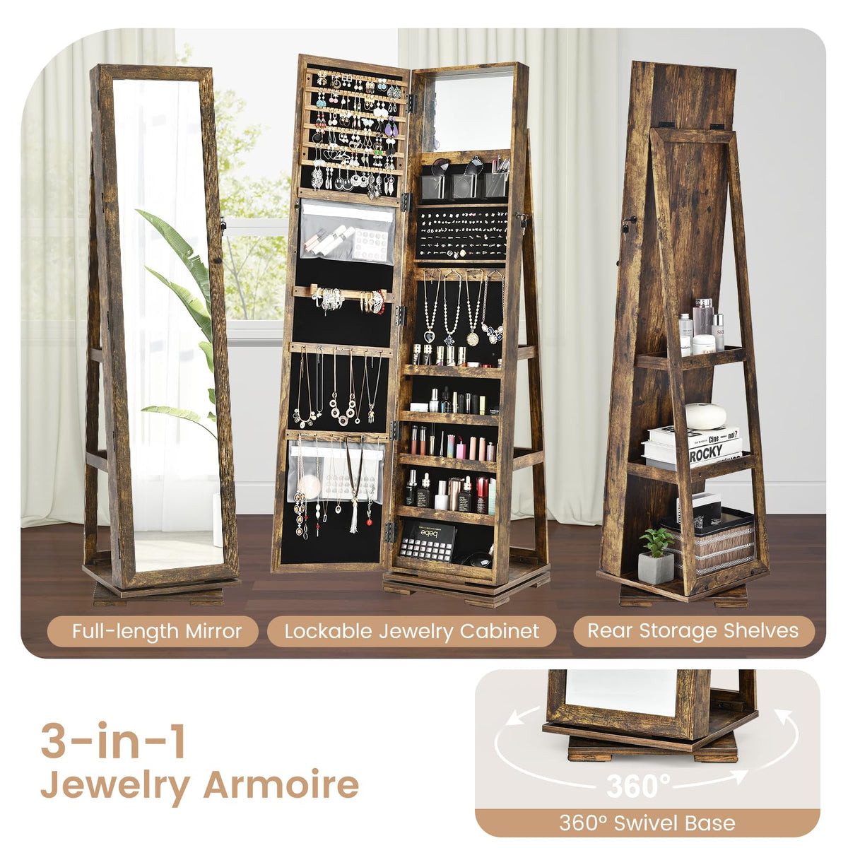 GOFLAME 360° Rotating Jewelry Armoire with Rear Storage Shelves