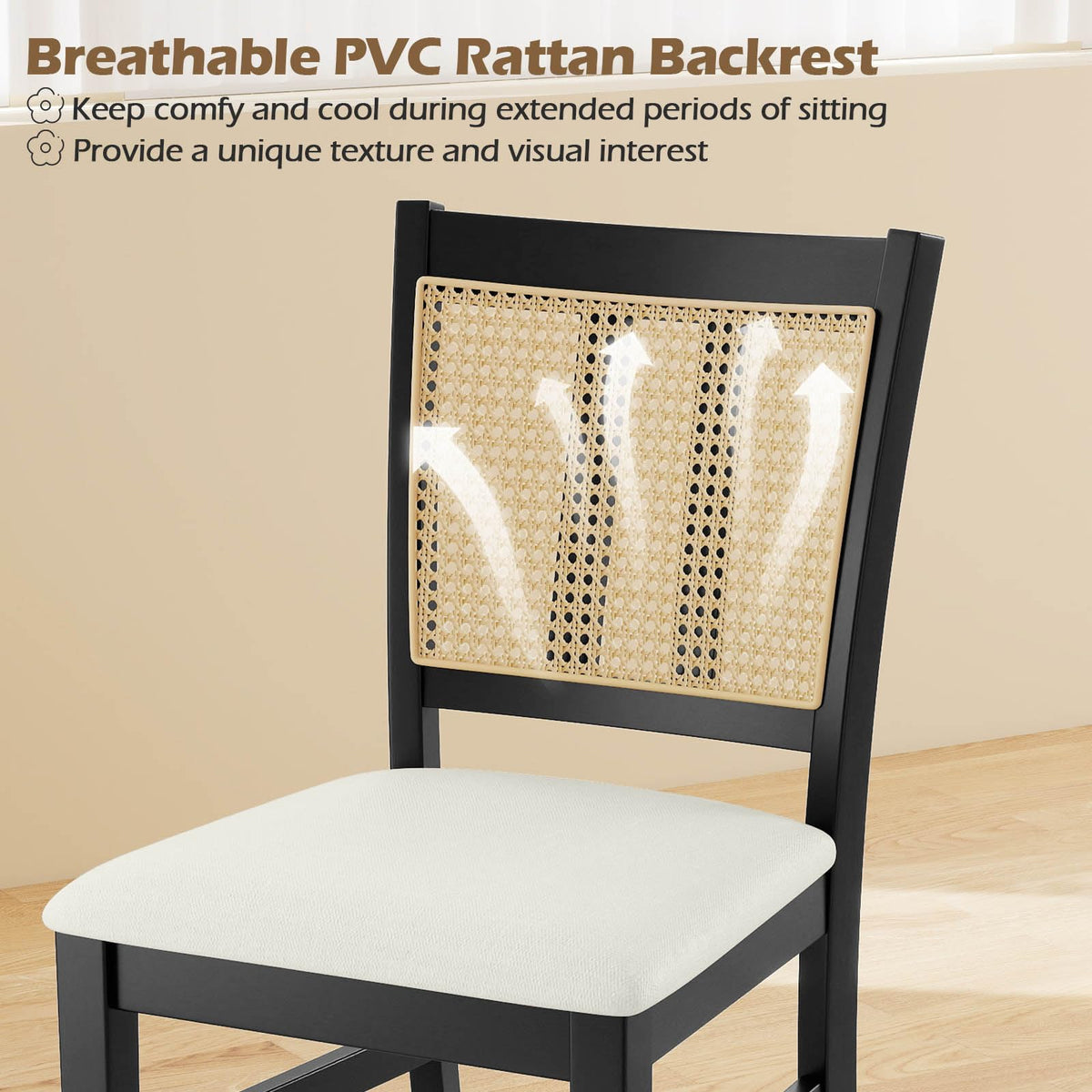 Goflame Rattan Dining Chairs Set of 2/4 Farmhouse Fabric Upholstered Kitchen Chairs with Rubber Wood Legs