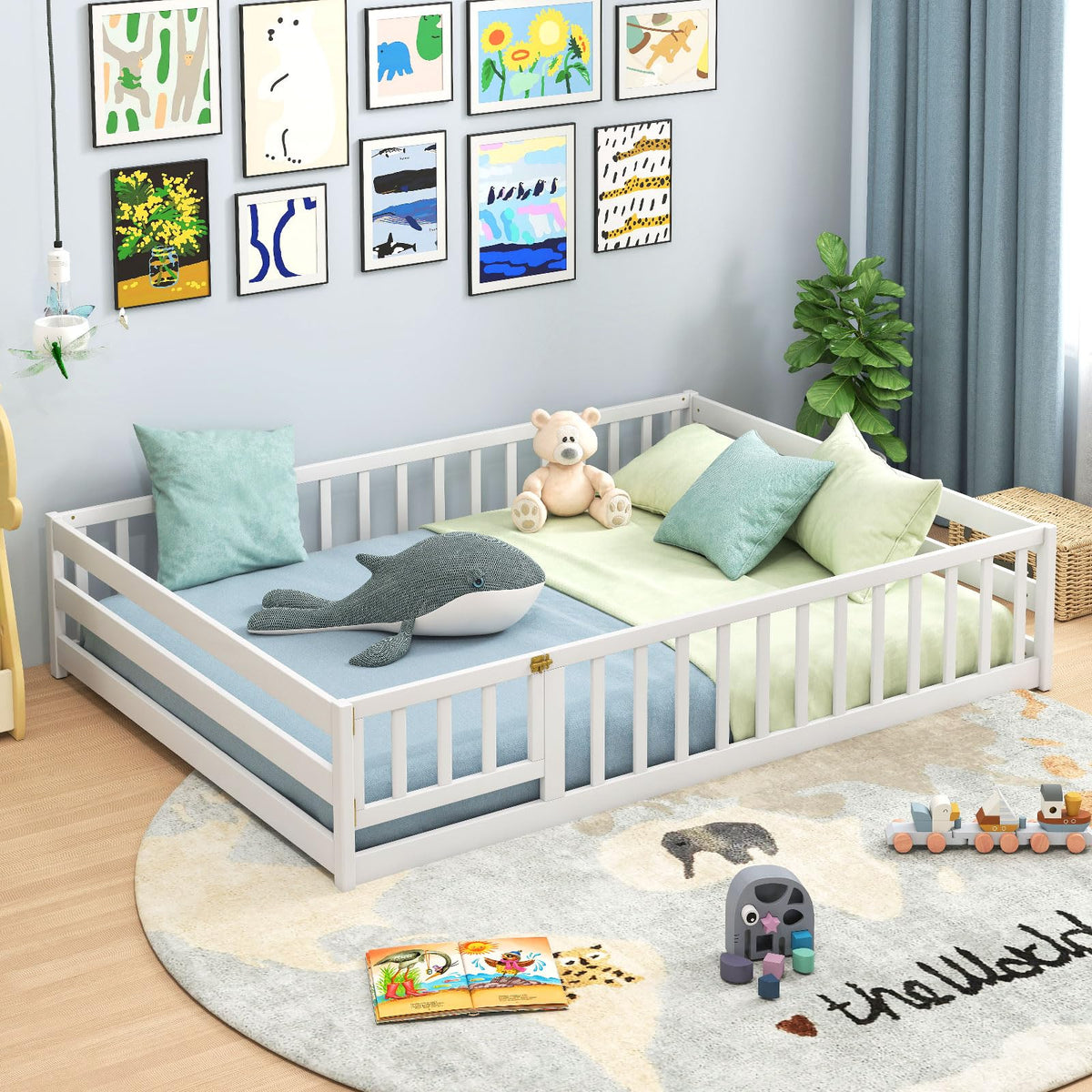 Goflame Floor Bed with Door & Fence Kids Wood Montessori Beds with Safety Guardrails