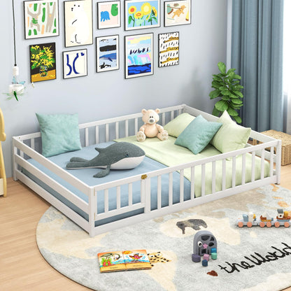 Goflame Floor Bed with Door & Fence Kids Wood Montessori Beds with Safety Guardrails