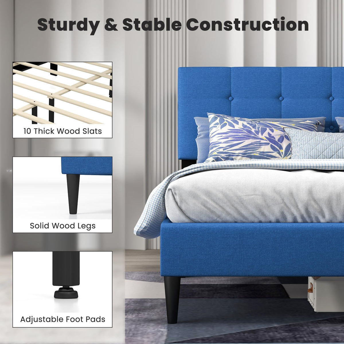Goflame Queen/Twin Size Platform Bed Frame with Button Tufted Headboard and Wooden Slats