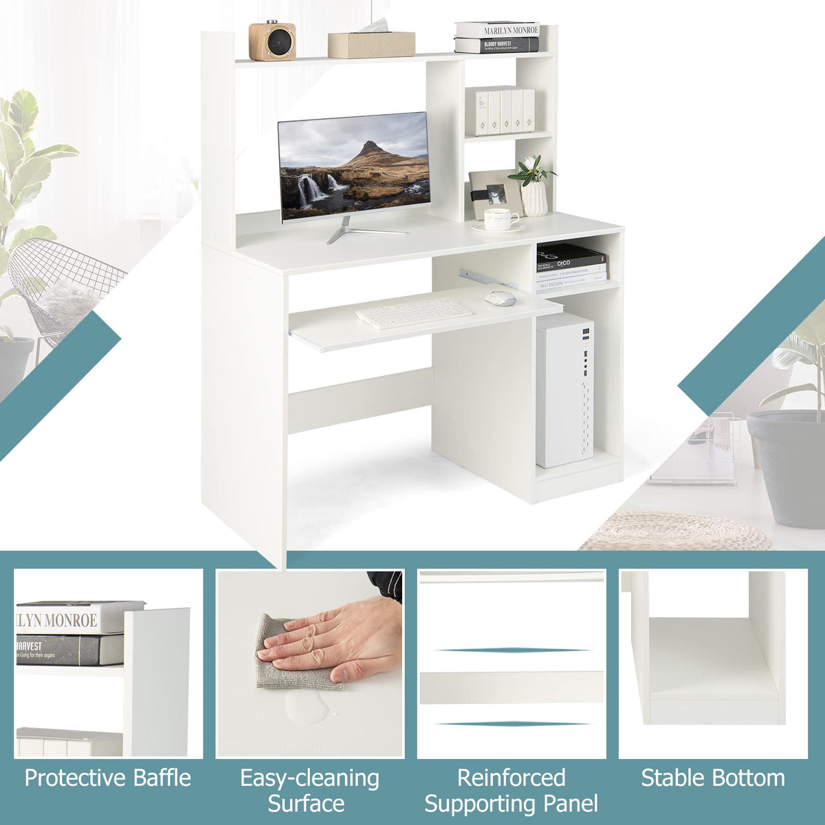 Goflame White Computer Desk with Hutch and Bookshelf