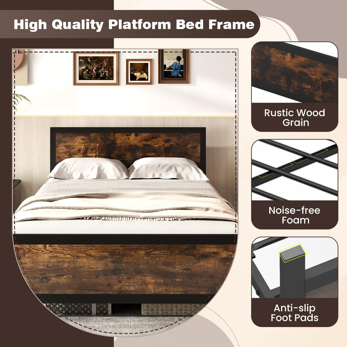 Goflame Metal Full Size Platform Bed Frame with Wood Headboard and Footboard