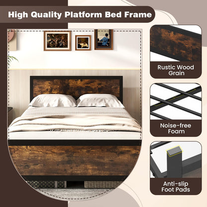 Goflame Metal Full Size Platform Bed Frame with Wood Headboard and Footboard