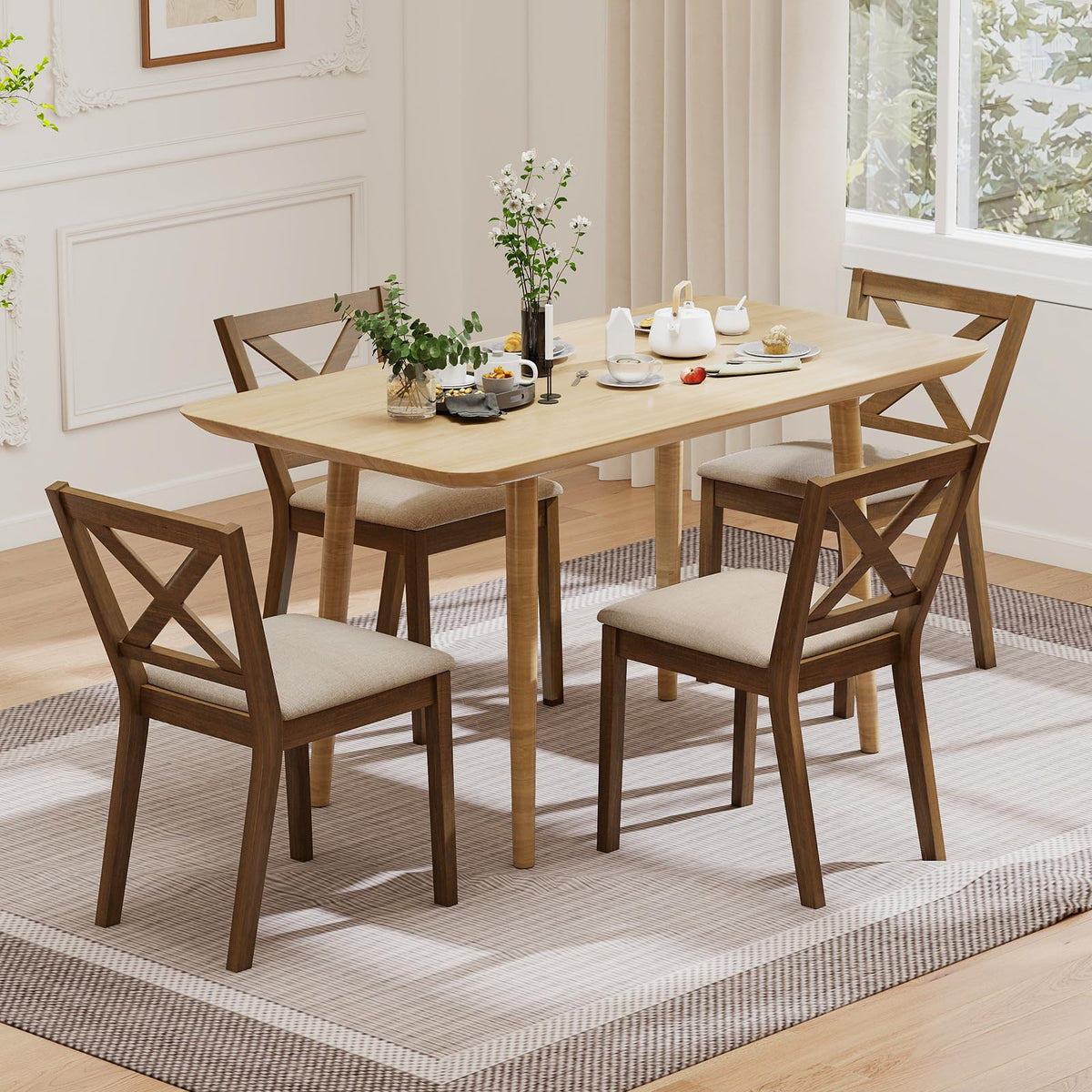 Goflame Wooden Dining Chairs Set of 2/4 with Rubber Wood Legs, Fabric Padded Seat Cross Back