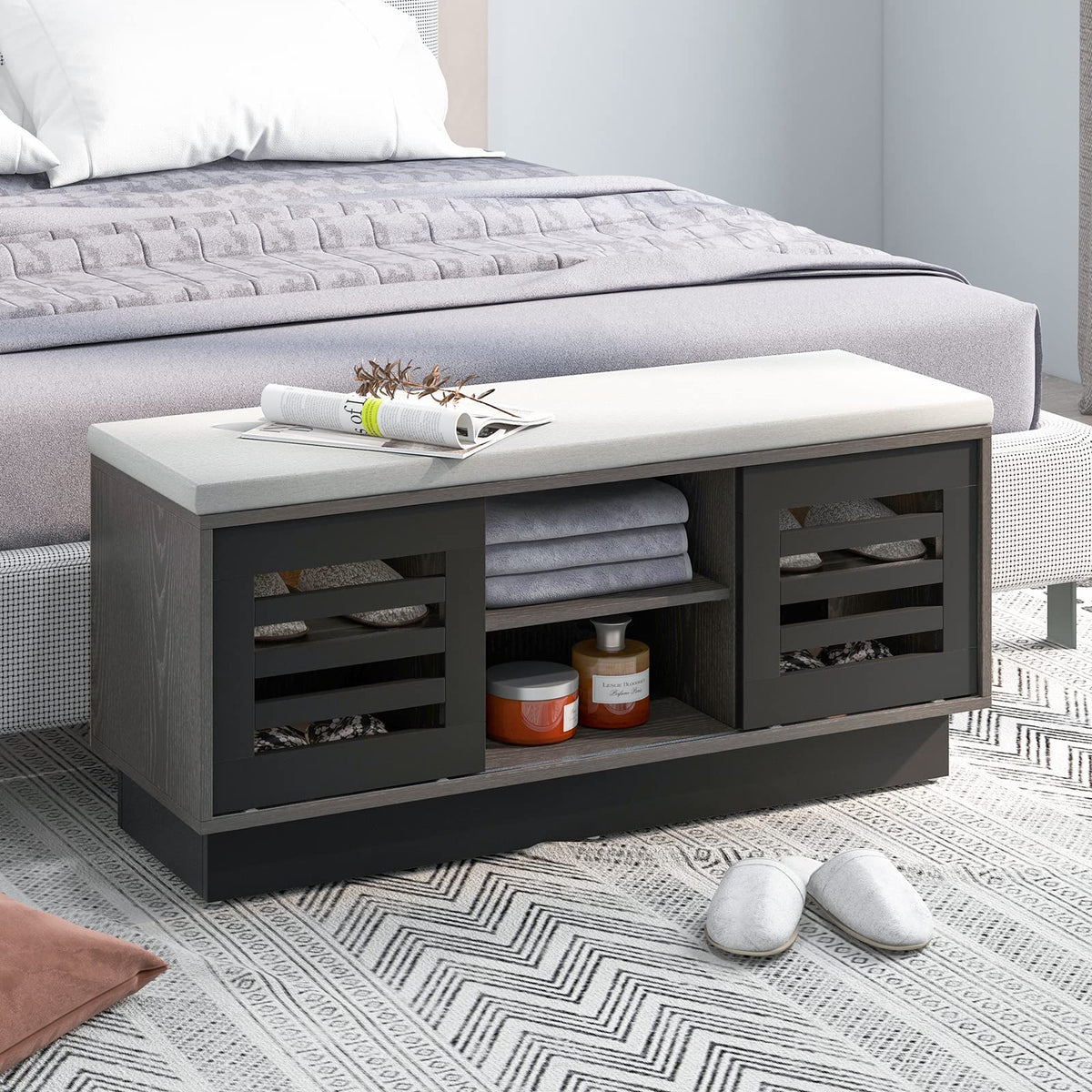 Goflame Entryway Shoe Storage Bench - Shoe Rack w/Seat Cushion & 6 Storage Compartments
