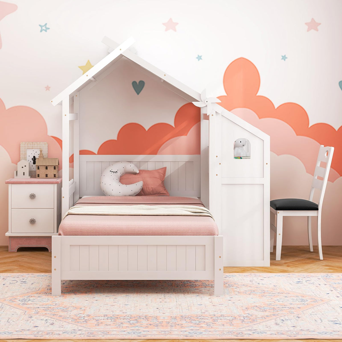 Goflame Twin House Bed with Desk & Chair, Wood Kids Playhouse Bed with 2 Drawers
