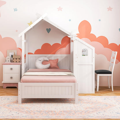 Goflame Twin House Bed with Desk & Chair, Wood Kids Playhouse Bed with 2 Drawers