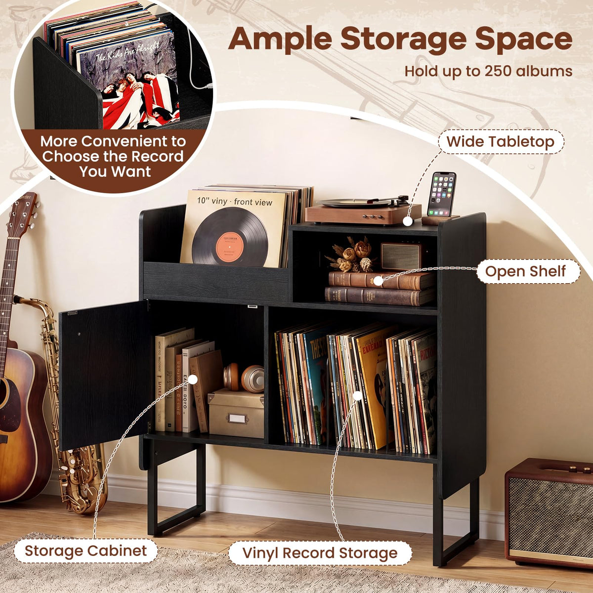 Goflame Record Player Stand with Open Shelf & Cabinet Hold Up to 250 Albums