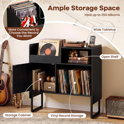 Goflame Record Player Stand with Open Shelf & Cabinet Hold Up to 250 Albums