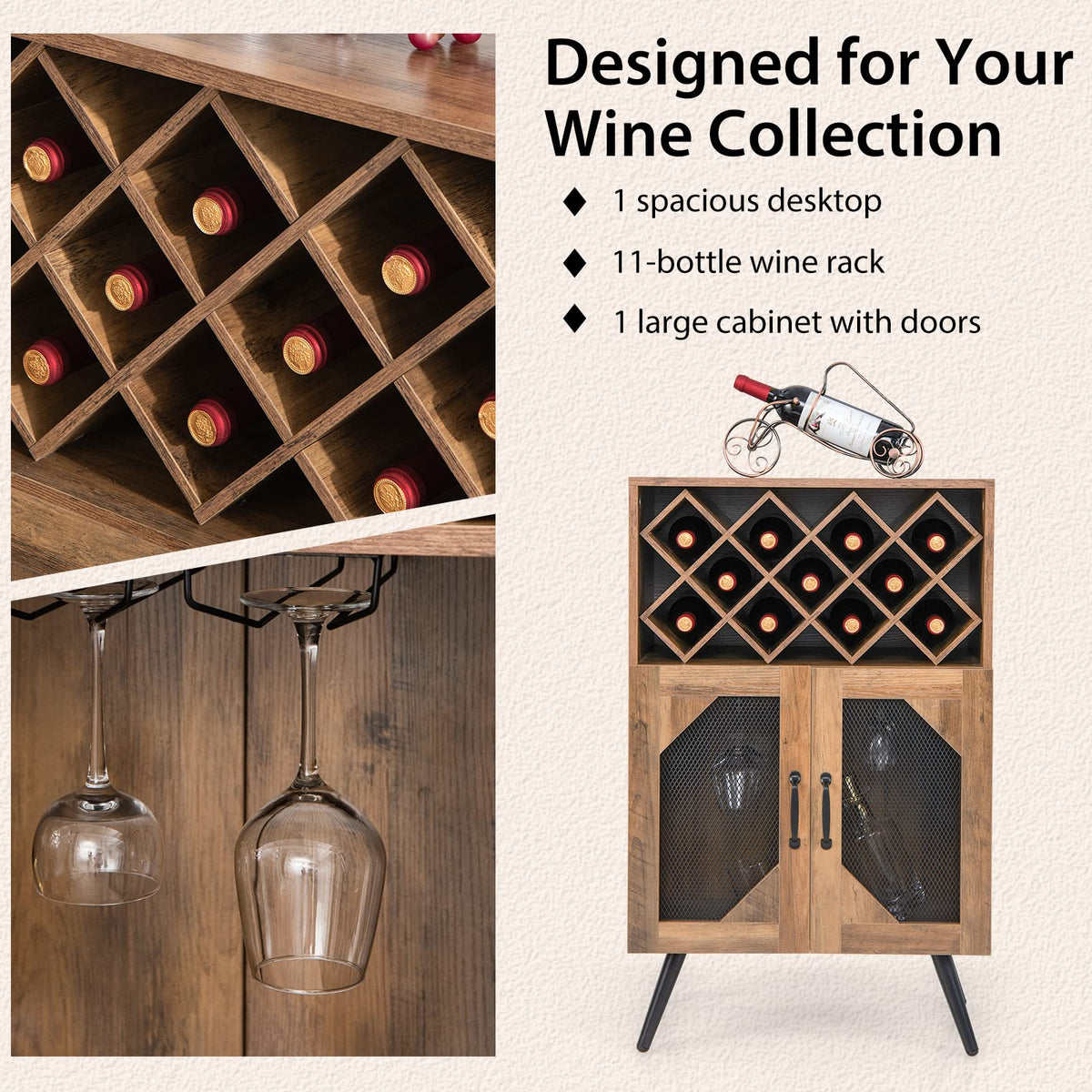 Goflame Farmhouse Buffet Cabinet with Storage, Wine Bar Cabinet 11 Bottles Rack (Brown & Black)