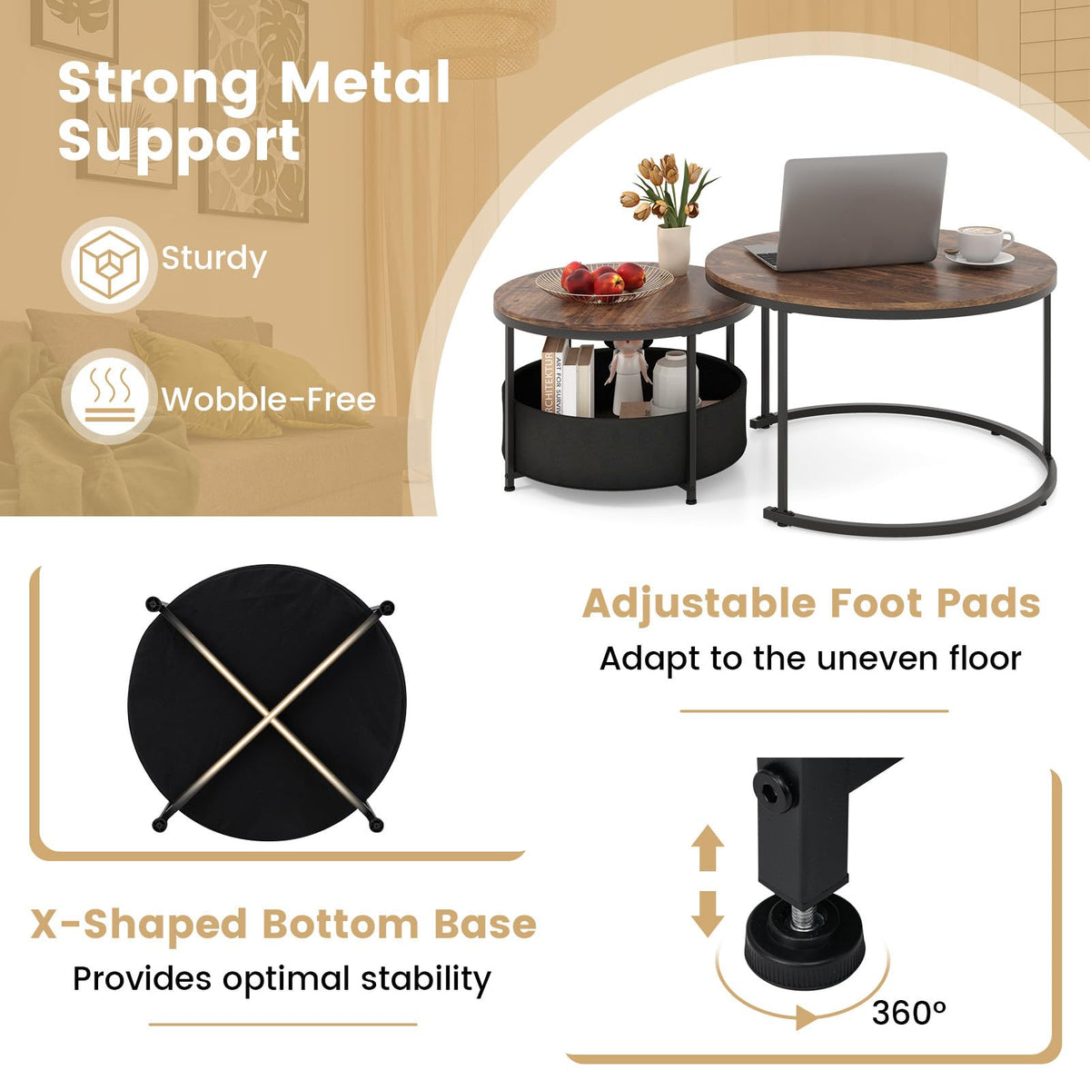 Goflame 31.5" Round Coffee Table with Removable Fabric Basket & Metal Frame