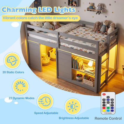 Goflame Wooden Low Kids Loft Bed with LED Lights and 2 Doors