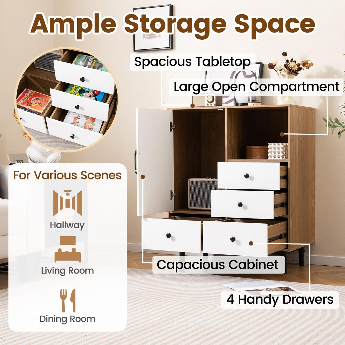 Goflame Storage Cabinet with 4 Drawers Door & Open Compartment, Metal Support Legs
