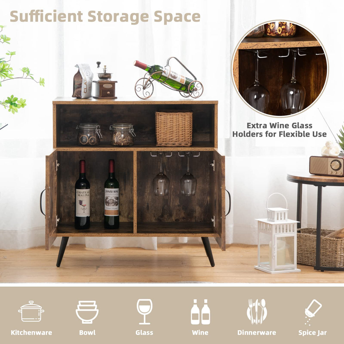 Goflame Mid-Century Storage Cabinet, Wooden Floor Cabinet with 2 Doors, Rustic Brown