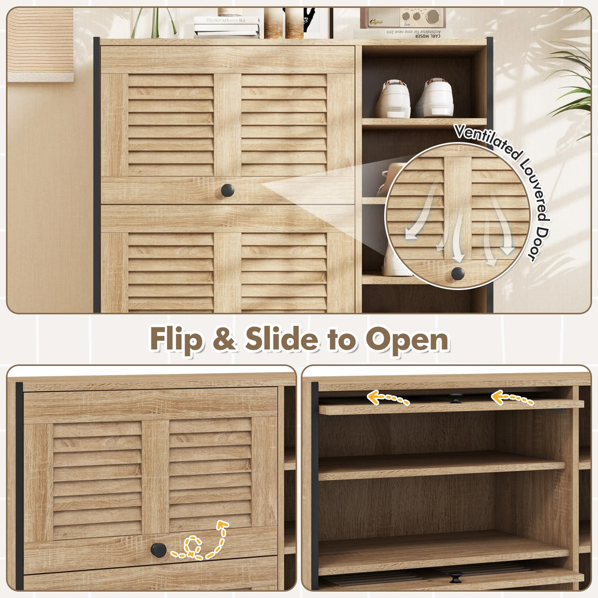 Goflame Shoe Cabinet with Flip & Slide Doors, Shoe Storage Cabinet with Adjustable Cube Shelves(Louvered Doors)