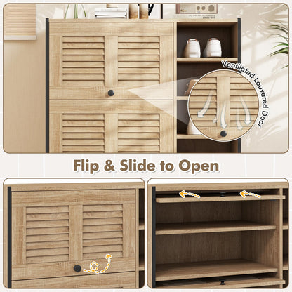 Goflame Shoe Cabinet with Flip & Slide Doors, Shoe Storage Cabinet with Adjustable Cube Shelves(Louvered Doors)