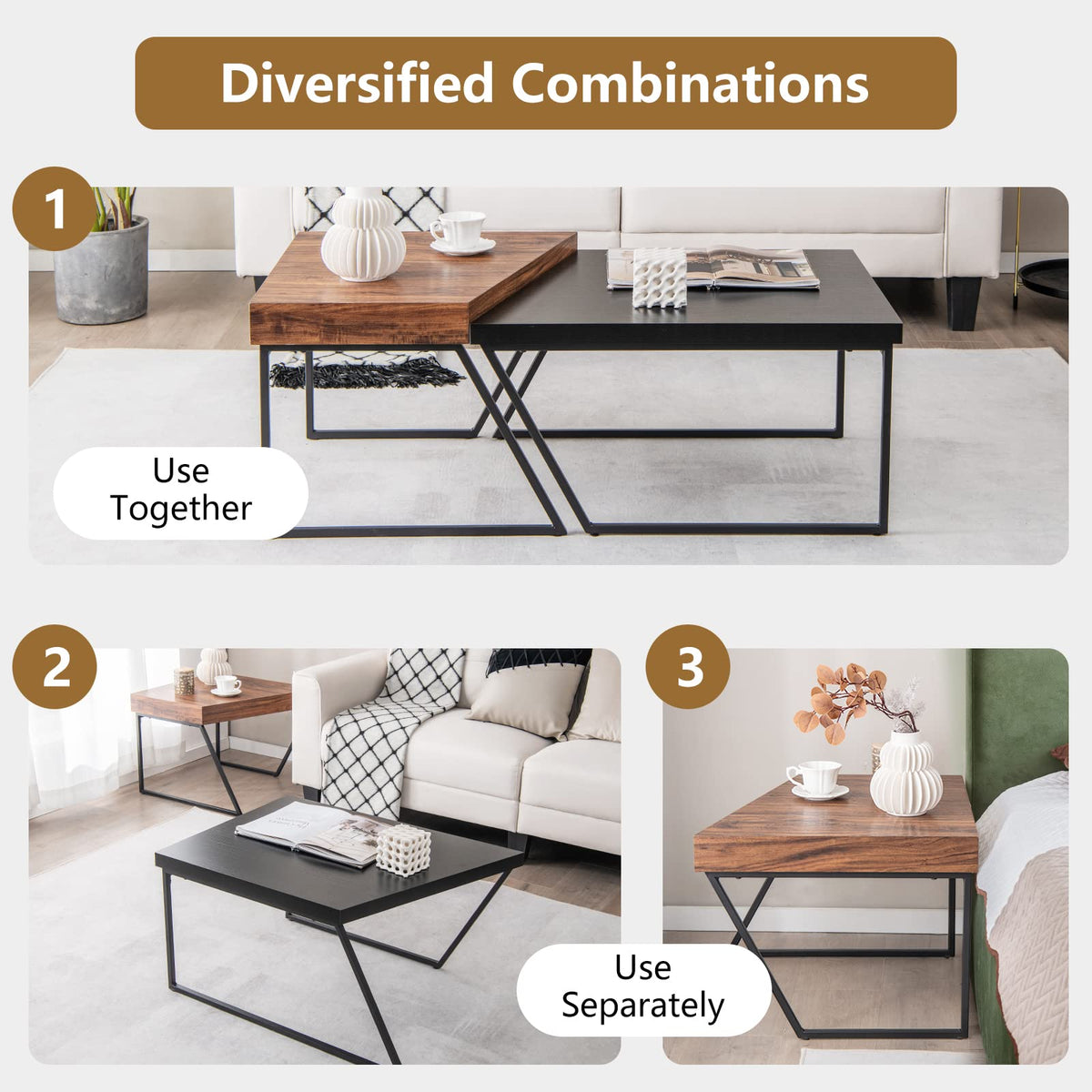 Goflame Stacking Coffee Table Set of 2, Black & Brown Modern Side Table