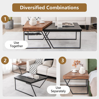 Goflame Stacking Coffee Table Set of 2, Black & Brown Modern Side Table