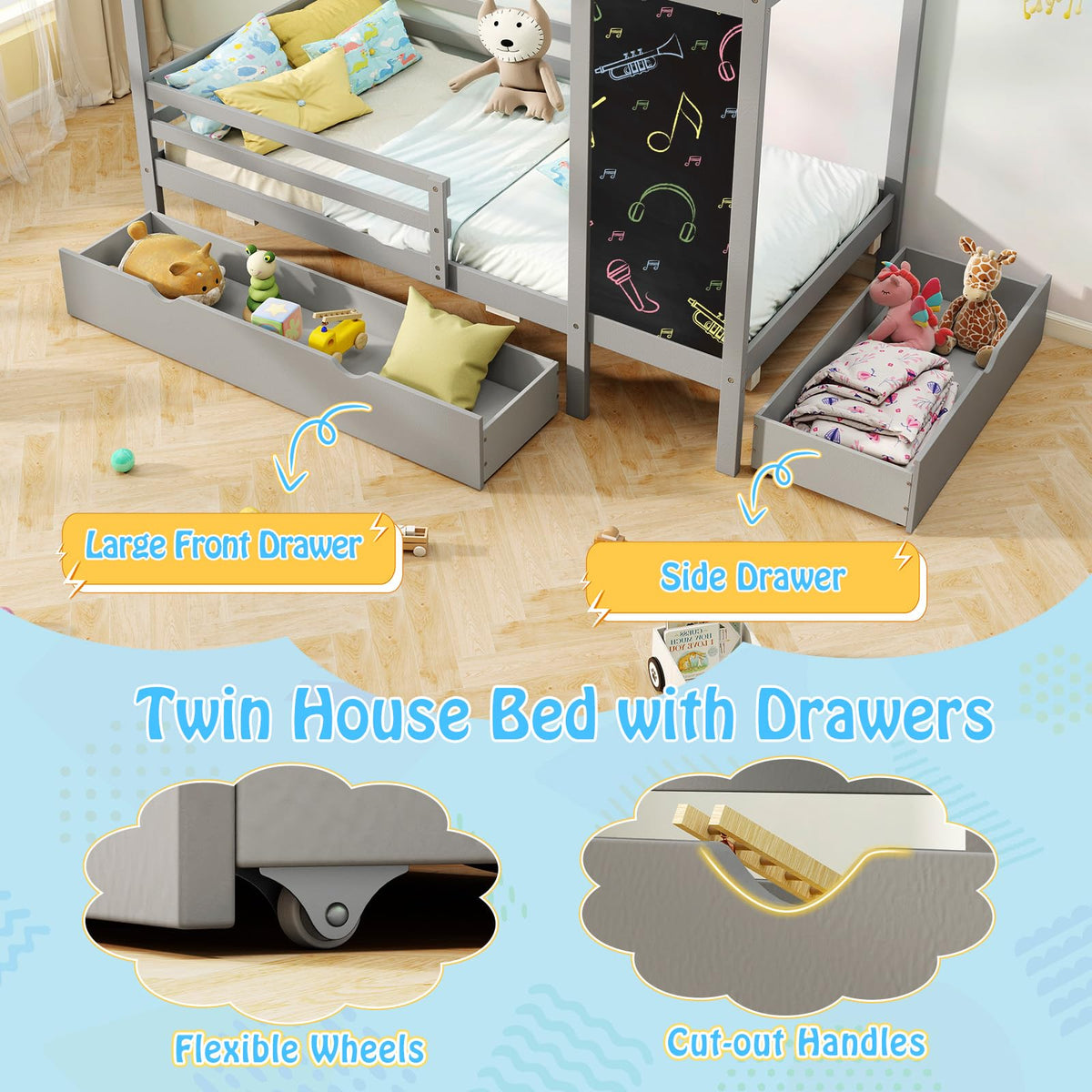 Goflame Twin Bed with 2 Storage Drawers, Solid Wood House Bed with Blackboard & Safety Guardrails