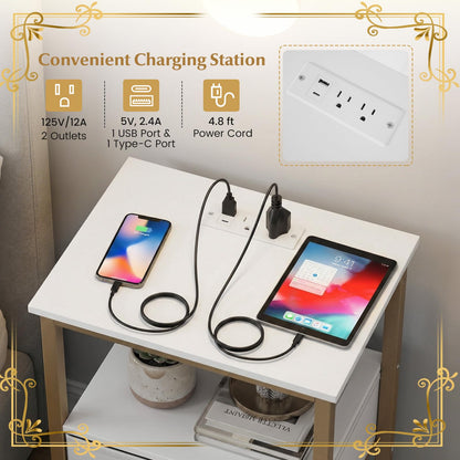 Goflame Nightstand with Charging Station and Adjustable Fabric Drawer for Bedroom and Living Room