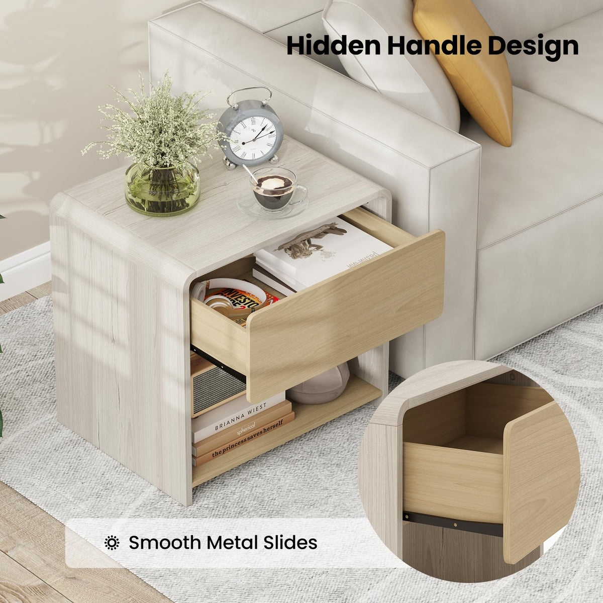 Goflame Modern Nightstand with Drawer Set of 1/2 Storage Open Shelf