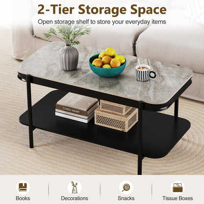 Goflame 2-Tier Coffee Table with Storage Faux Mable Center Table w/Sintered Stone Top