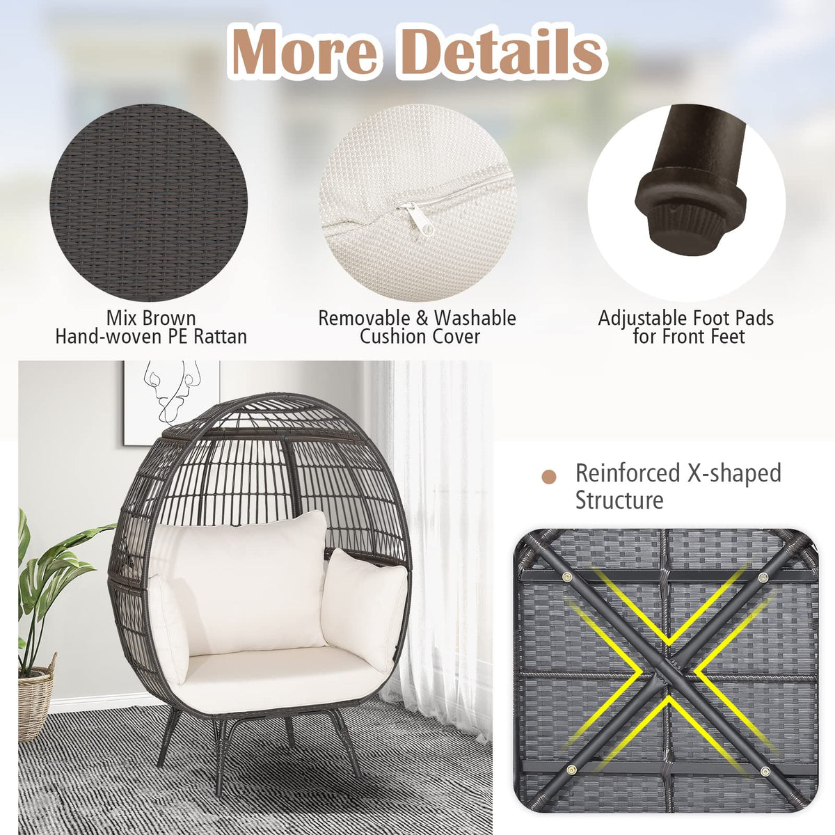 Goflame PE Rattan Egg Chair - Oversized Hammock Chair with Thick Cushions & Sturdy Metal Frame