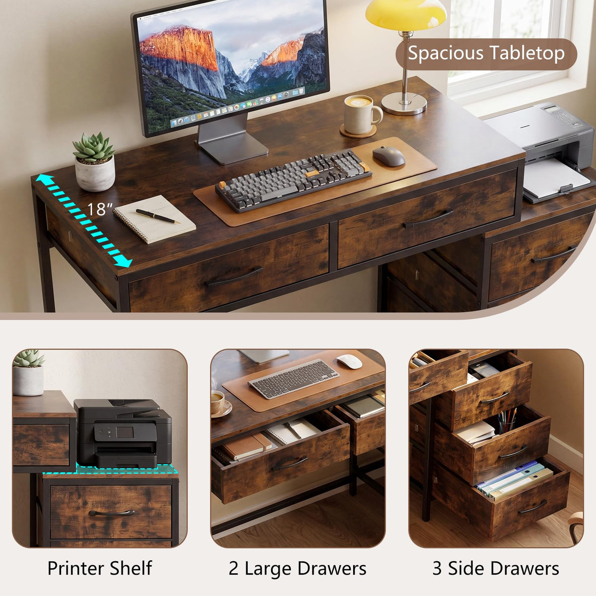 Goflame Reversible Computer Desk with 5 Drawers