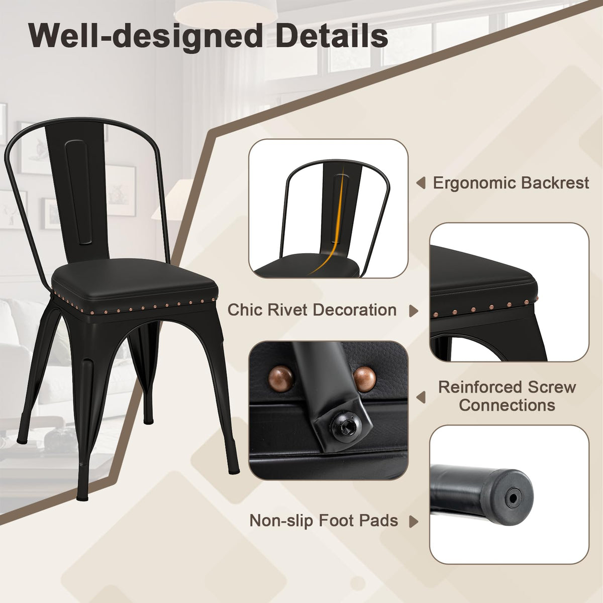 Goflame Metal Dining Chairs Set of 4 with Detachable Backrest & PU Leather Padded Seat